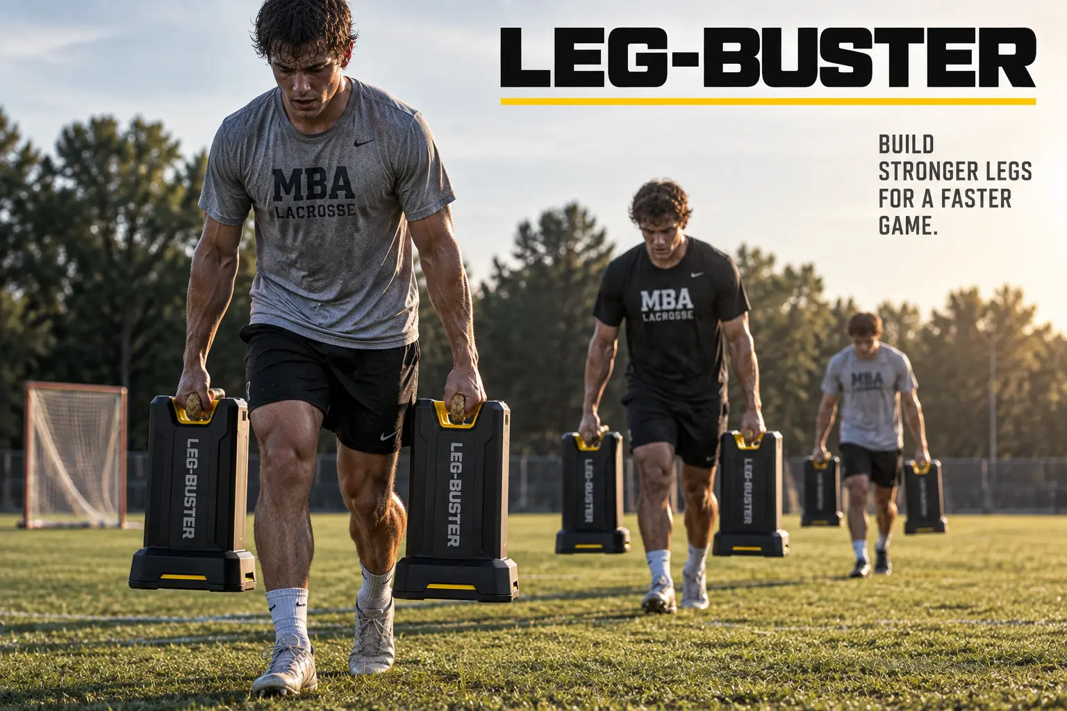 Lacrosse athletes carrying modern LEG-BUSTER training devices