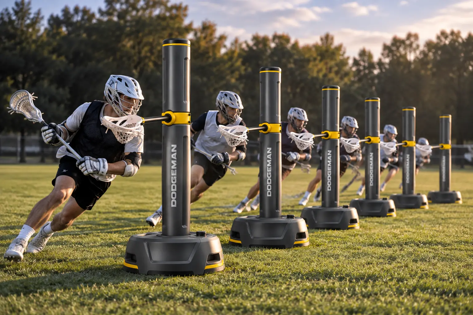 Lacrosse players training through an array of DODGEMAN devices